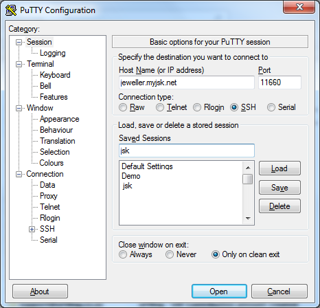 PuTTY configuration dialog